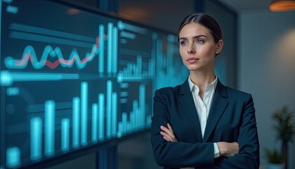 Women chief data officer with graphs and bar charts in the background, corporate environment