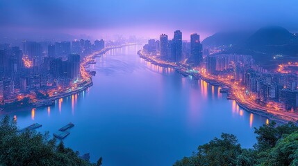 Fototapeta premium Captivating Night View of a Bustling Cityscape with Glowing Skyscrapers and Serene River Under a Misty Blue Sky