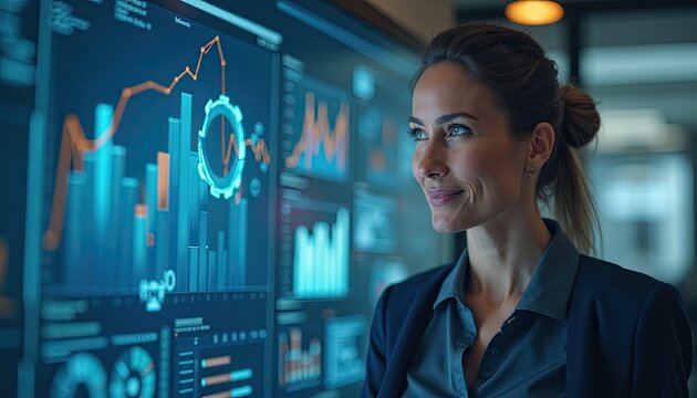 Women chief data officer with graphs and bar charts in the background, corporate environment