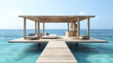 Fototapeta premium Overwater Bungalow With Wooden Deck and Sea View