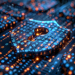 Cybersecurity: A glowing, digital padlock, formed from binary code and circuitry, stands as a symbol of impenetrable protection.  A powerful image for data security, encryption.