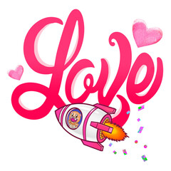 Love word png sticker, pink flying rocket cartoon, transparent background