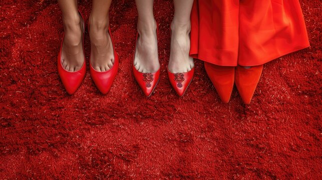 Three women's feet in red shoes on red surface.