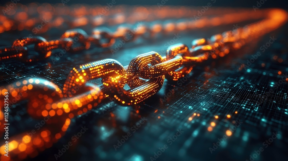 Poster glowing digital chains connected in a high-tech environment with futuristic data representation and 