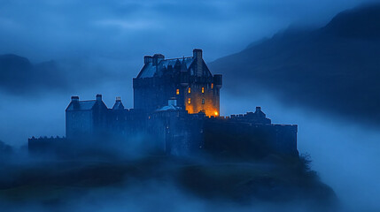 Fototapeta premium A majestic indigo castle surrounded by mist, with glowing golden windows creating a striking contrast against the dark sky.