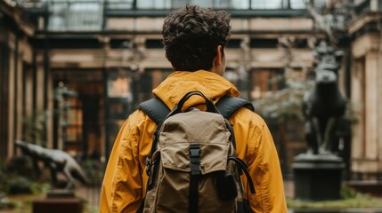 Fototapeta premium Adventurer Exploring the City in a Yellow Raincoat