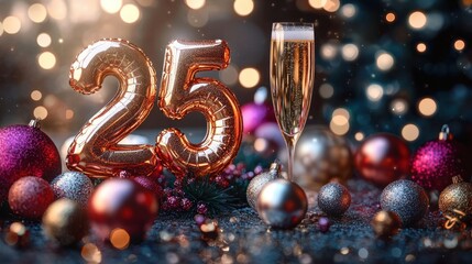 Glowing 25 Number Balloons Wine Glass Celebration Festive Background Bokeh Lights Colorful Ornaments