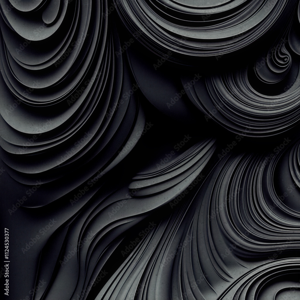 Fototapete abstract illustration with layered concentric lines and flowing curves in dark gray-black that creat