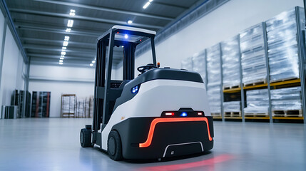 Forklift doing storage in the warehouse. Robotics applied to industrial logistics