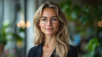 Obraz premium Confident businesswoman smiling in modern office with minimalist design and greenery