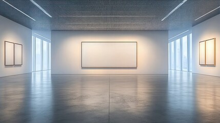 Spacious Minimalist Art Gallery Interior with Large Empty Canvas and Modern Architecture