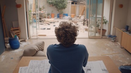 Architect or Interior Designer Reviewing Construction Plans in Unfinished Space