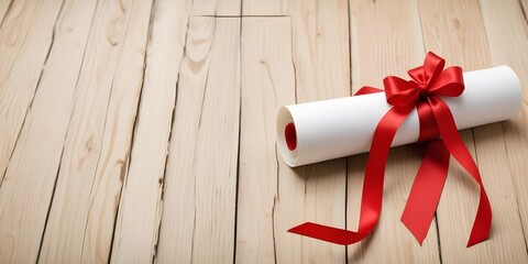 A rolled up diploma or certificate with a red ribbon on a wood background