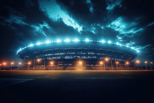 Modern Stadium Night Exterior with Floodlights and Dramatic Sky