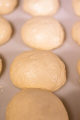 round buns made of white flour dough, baking preparation