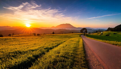Fototapeta premium meadow with a small road at sunrise