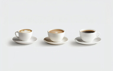 Fototapeta premium Variety of espresso drinks arranged on a minimalist cream background showcasing latte art and rich coffee textures