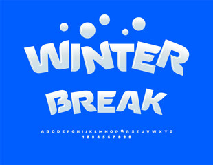 Vector holiday poster Winter Break. Glossy White Font. Trendy Alphabet Letters and Numbers set.