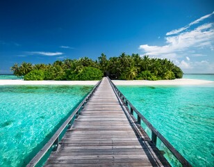 Fototapeta premium A scenic wooden pier stretching over turquoise waters to a paradise island in the Maldives, perfect for travel promotions and tropical lifestyle visuals