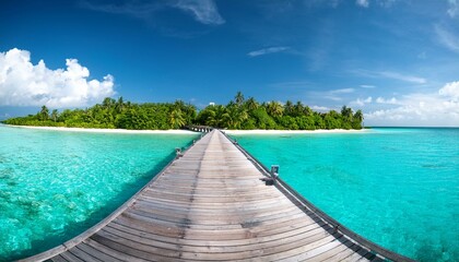 A scenic wooden pier stretching over turquoise waters to a paradise island in the Maldives, perfect for travel promotions and tropical lifestyle visuals