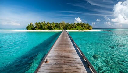 Obraz premium A scenic wooden pier stretching over turquoise waters to a paradise island in the Maldives, perfect for travel promotions and tropical lifestyle visuals