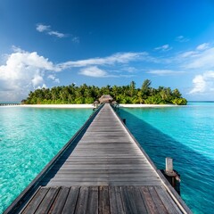 Fototapeta premium A scenic wooden pier stretching over turquoise waters to a paradise island in the Maldives, perfect for travel promotions and tropical lifestyle visuals