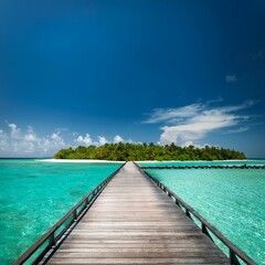 Fototapeta premium A scenic wooden pier stretching over turquoise waters to a paradise island in the Maldives, perfect for travel promotions and tropical lifestyle visuals