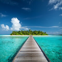 Fototapeta premium A scenic wooden pier stretching over turquoise waters to a paradise island in the Maldives, perfect for travel promotions and tropical lifestyle visuals