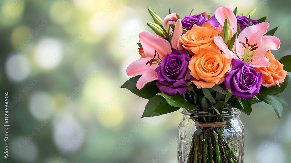 Wall mural Vibrant Bouquet in Mason Jar: A captivating image of a colorful bouquet of roses and lilies, artfully arranged in a rustic mason jar, set against a soft-focus background.