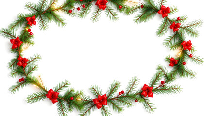 Christmas Border frame of tree branches on white background with copy space isolated. Seamless pattern with Christmas garland, vibrant