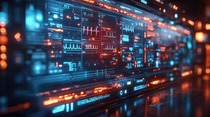 Fototapeta premium Futuristic digital interface with glowing data visualizations.
