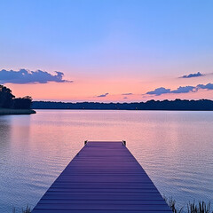 Obraz premium sunsetted blue sky with tint of purple over a lake with a dock going into the water