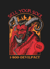 Obraz premium Hotline devil talking on the phone in a call center, surrounded by flames with the text 'Sell Your Soul' and '1-800-DEVILPACT.' Retro t-shirt print with bold, satirical dark humor and vintage style