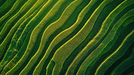 Fototapeta premium Lush Green Terraced Rice Fields Creating Abstract Patterns in Vibrant Nature Under Soft Evening Light, Capturing the Beauty of Agricultural Landscapes