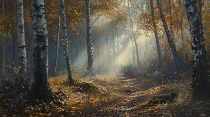 Obraz premium A misty autumn morning in the Alps with golden trees and frost-covered grass, mountains looming in the background.