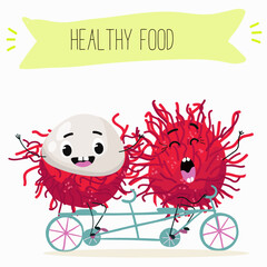 Rambutan fruit cute funny cheerful characters. Vector hand drawn illistration.