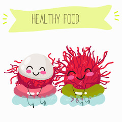 Rambutan fruit cute funny cheerful characters. Vector hand drawn illistration.
