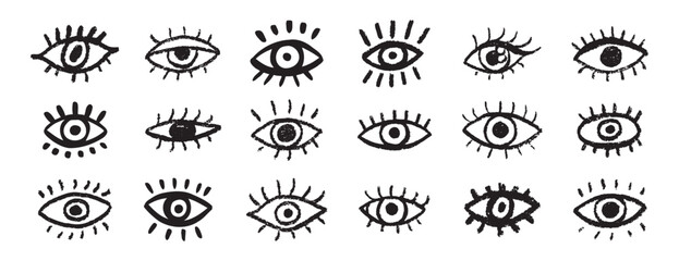 Grunge eyes hand drawn doodle icon set. Open black eyes with bold line. Monochrome eye element