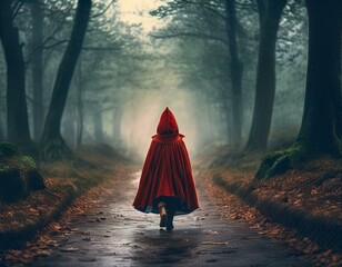 Little Red Riding Hood in a Dark Forest - Rear View, Fairy Tale Inspired