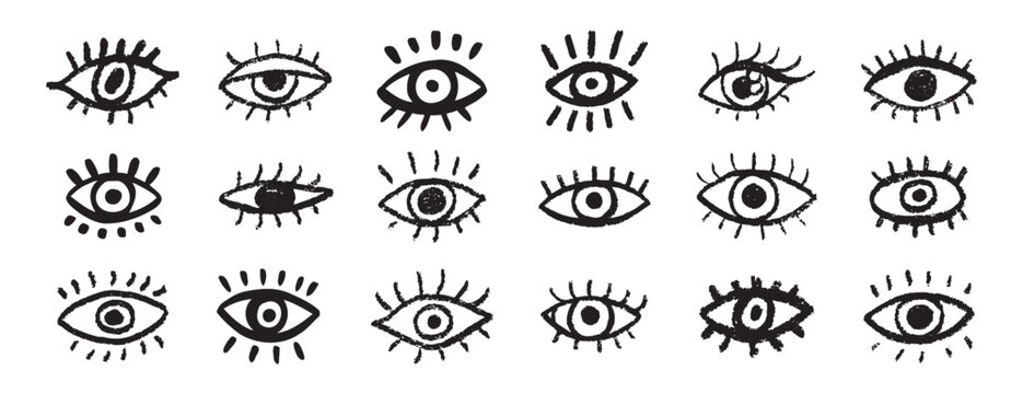 Grunge eyes hand drawn doodle icon set. Open black eyes with bold line. Monochrome eye element