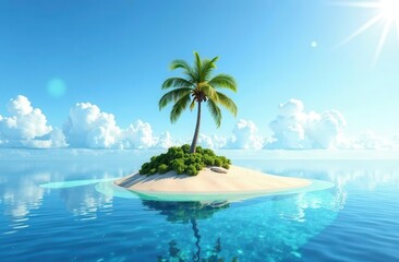 Small tropical island with palm tree in crystal clear blue ocean