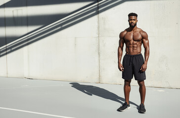 Tanned male athlete standing confidently outdoors under contrasting shadows during daylight, showcasing impressive physique and strength near urban concrete structures