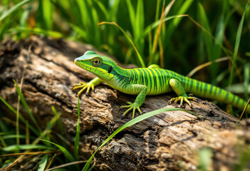 A green lizard with stripes on a wooden log surrounded by grass