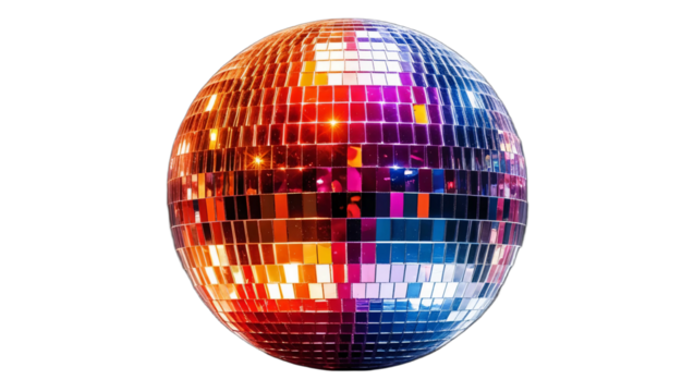 Shimmering Disco Ball Reflecting Colorful Lights Isolated on Transparent background