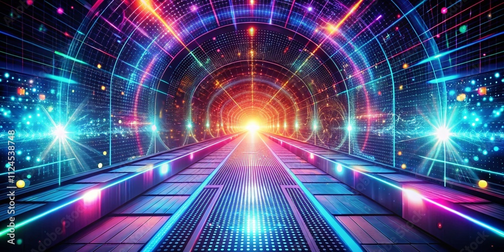 Poster 3d abstract technology background with bokeh effect in a cyber space tunnel featuring grid planes, p