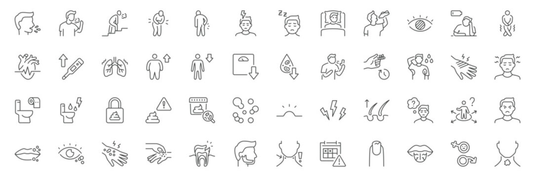 Medical symptoms line icons. Vector illustration include icon - cough, body pain, weight loss, headache, insomnia, fatigue, diarrhea outline pictogram for health issues, sickness. Editable stroke