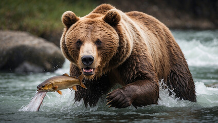 Grizzly Bear Catching Fish