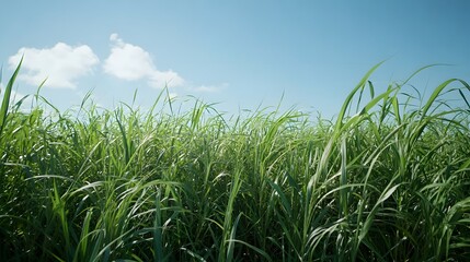Fototapeta premium A lush green field with tall grass swaying in the breeze under a clear blue sky, open space above for potential text or design