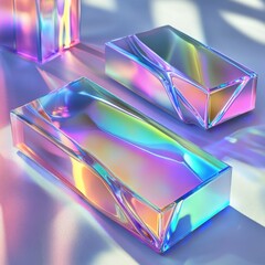 Iridescent glass blocks on white background.