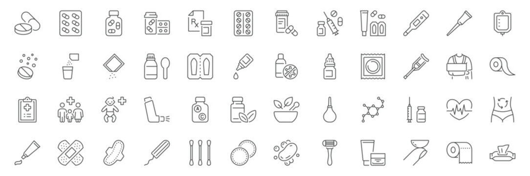 Medicines, pharmacy line icons. Vector illustration include icon - prescription pill bottle, cough syrup, painkiller, vitamin, hygiene products, hormones outline healthcare pictogram. Editable stroke